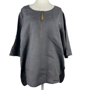 𝅺ellen‎ TRACY LINEN SHORT SLEEVED BLOUSE WITH GOLD ACCENT